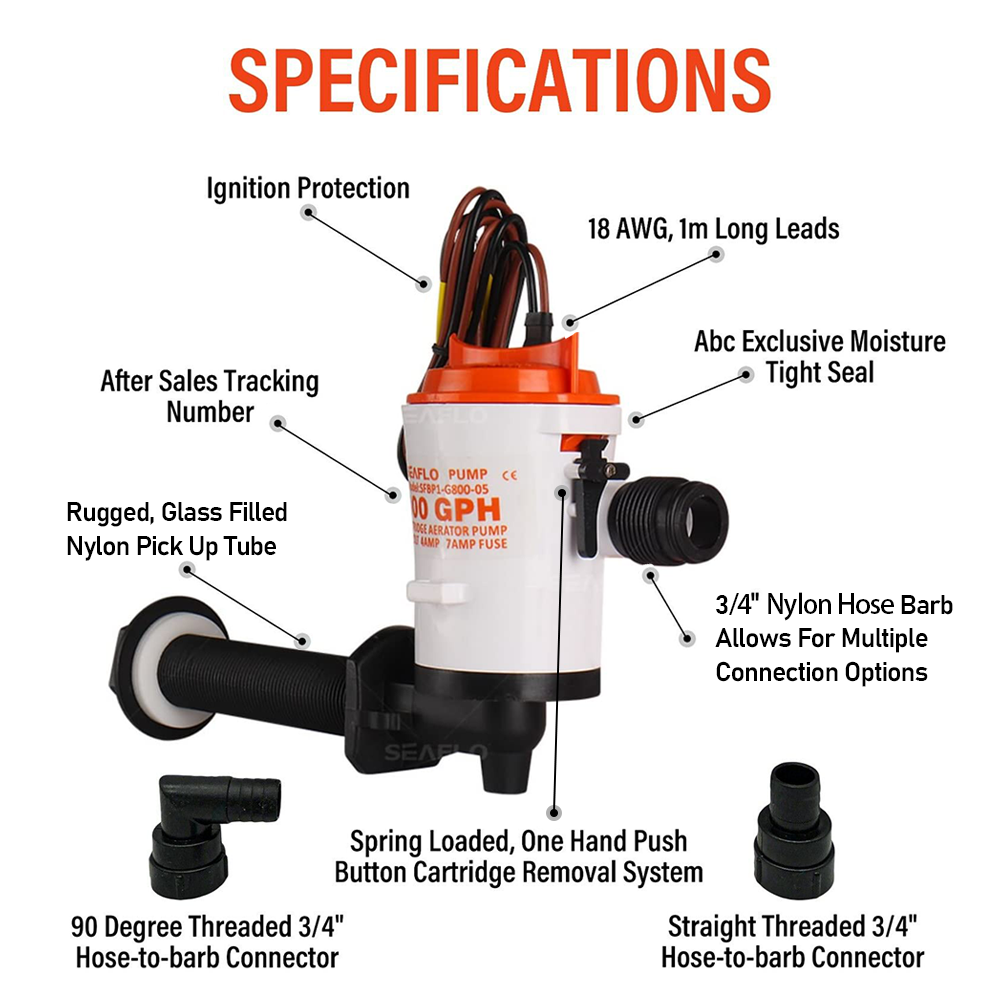 SEAFLO 12V 800GPH Compact Livewell Bilge Pump, Anti-Airlock