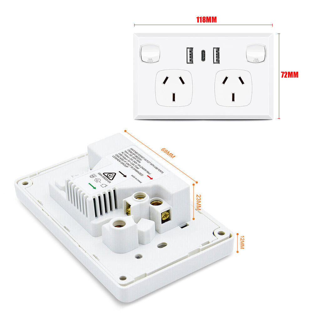 5PCS Dual USB+Type-C Wall Outlet, Fire Retardant, 3.6A Charge