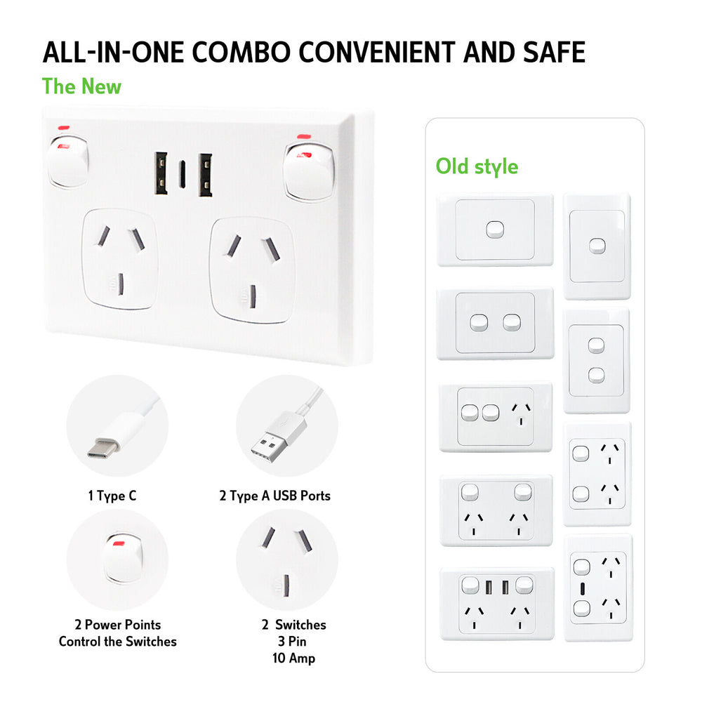 5PCS Dual USB+Type-C Wall Outlet, Fire Retardant, 3.6A Charge