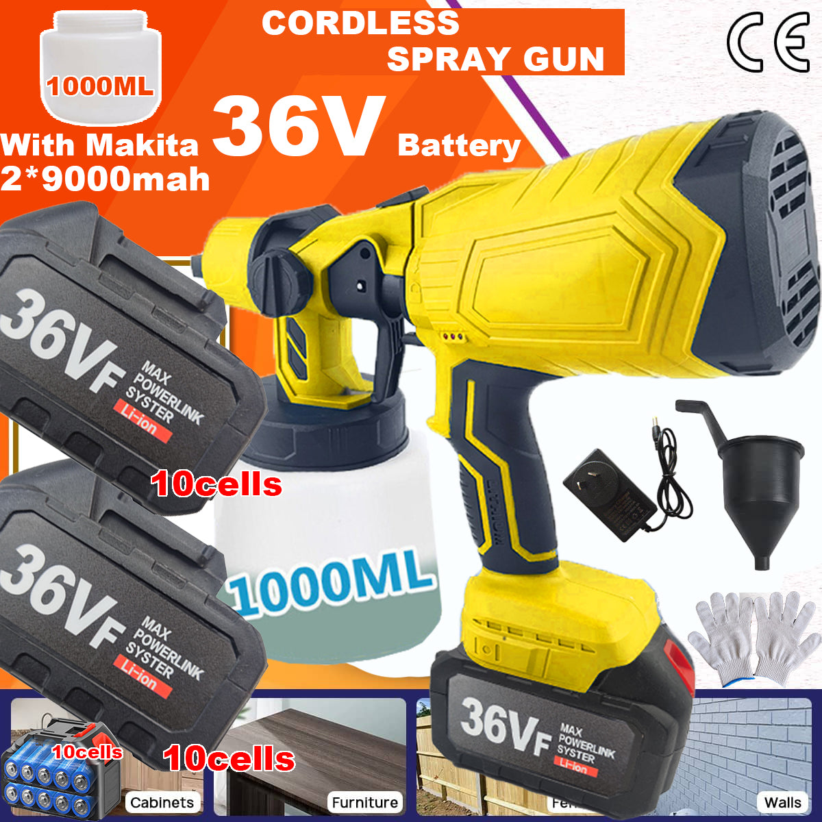 Cordless 36V High Pressure Airless Spray Gun, 2 Batteries, Makita