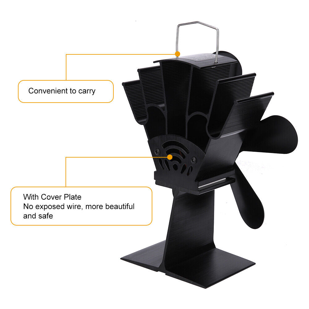 Heat Powered Wood Stove Fan, Silent 5-Blade, Black, 270-360 CFM