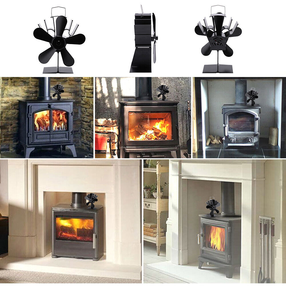 Heat Powered Wood Stove Fan, Silent 5-Blade, Black, 270-360 CFM