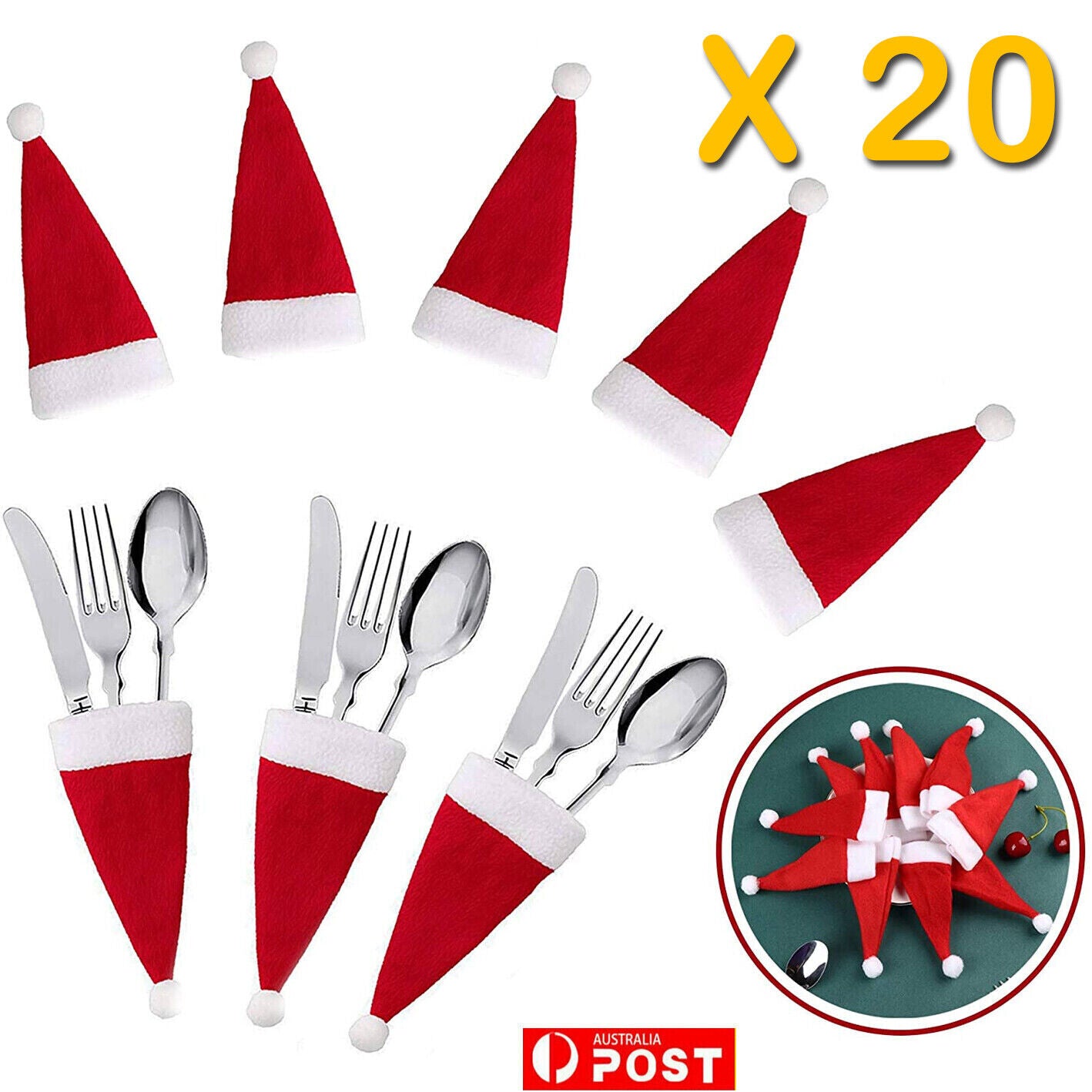 20PCS Non-Woven Santa Hat Cutlery Holders, Xmas Decor