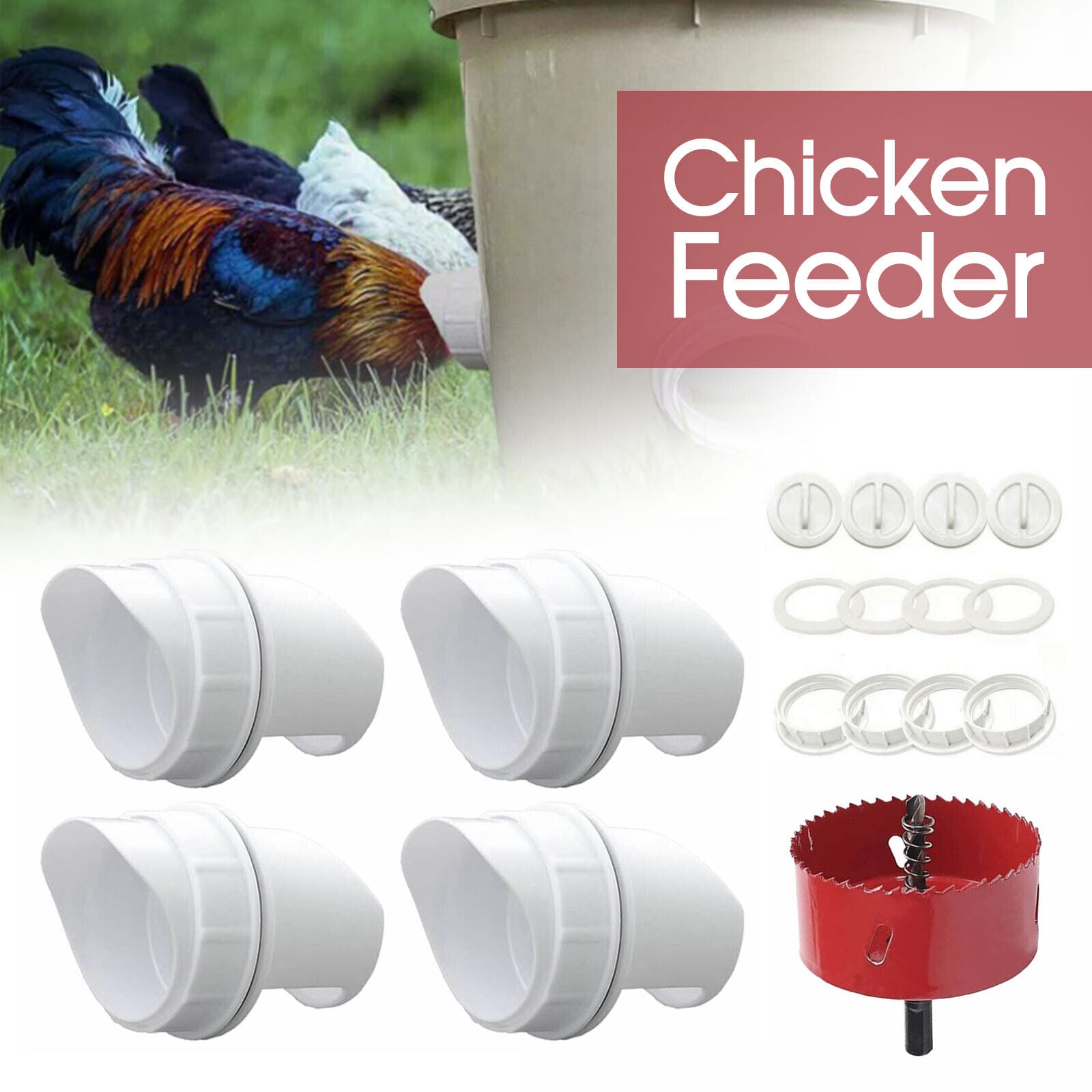 Waterproof PVC Gravity Auto Chicken Feeder - 4 Ports