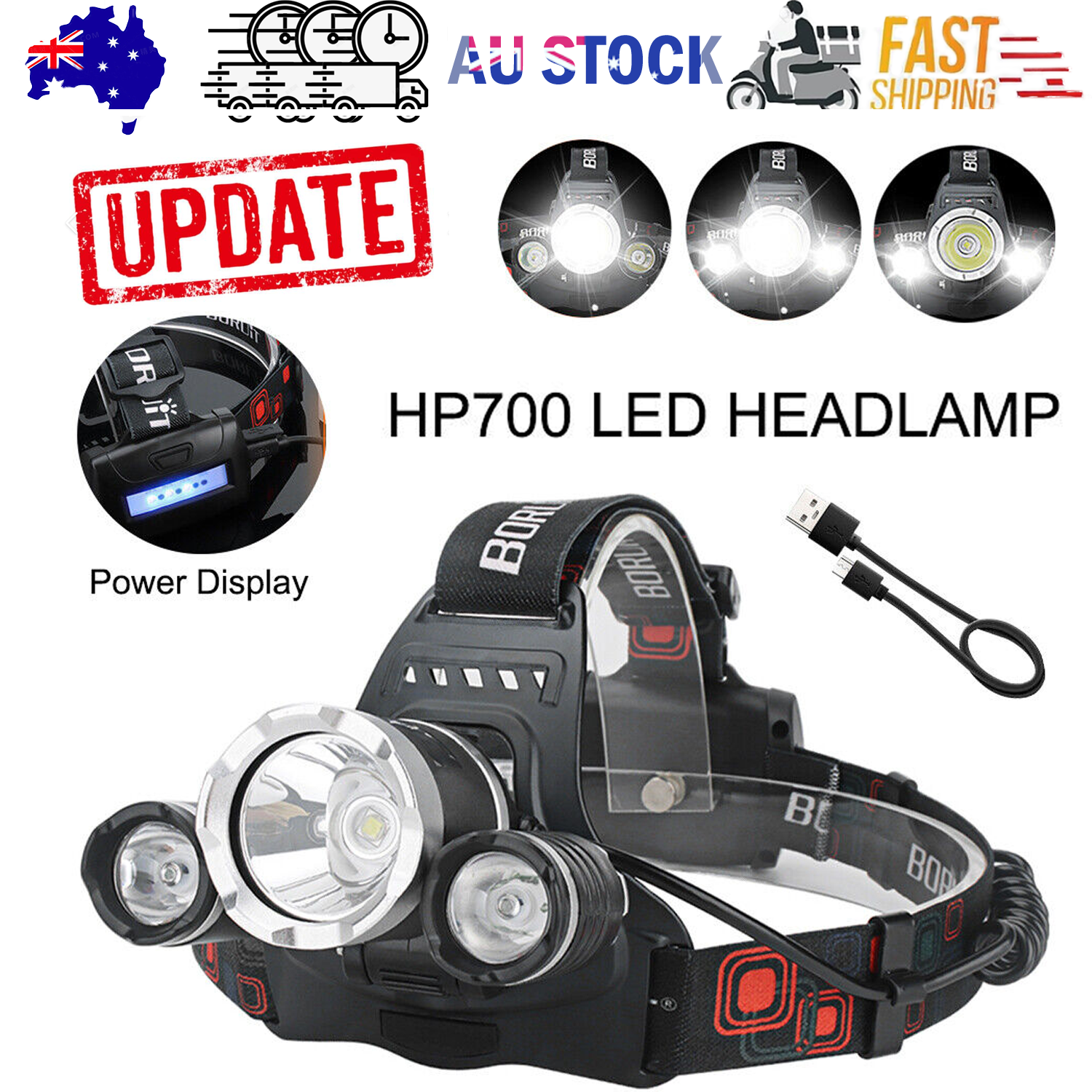 HP700 LED Headlamp Head Torch Lamp Rechargeable Light Headlight Camping
