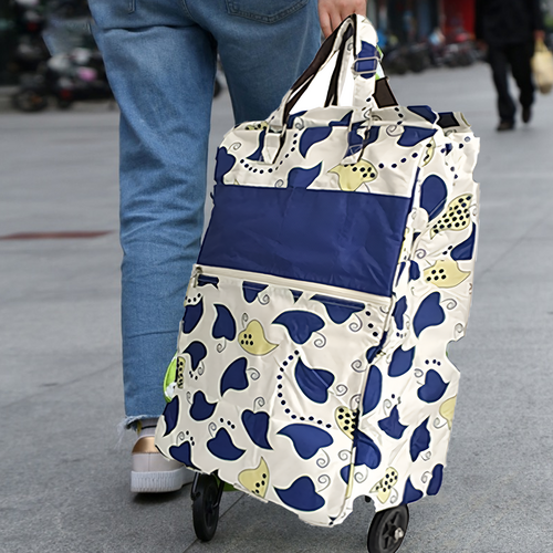 Shopping Trolley Cart Bag Foldable Wheels Carts Bags Market Luggage Basket blue leaves