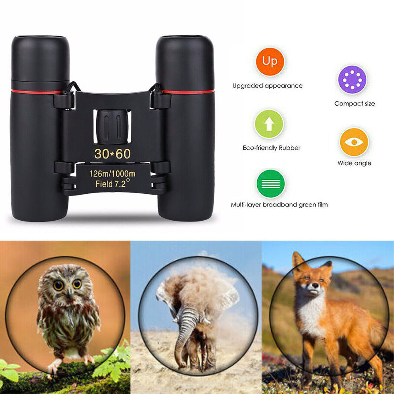 HD 30x60 Mini Day/Night Binoculars for Travel and Hunting