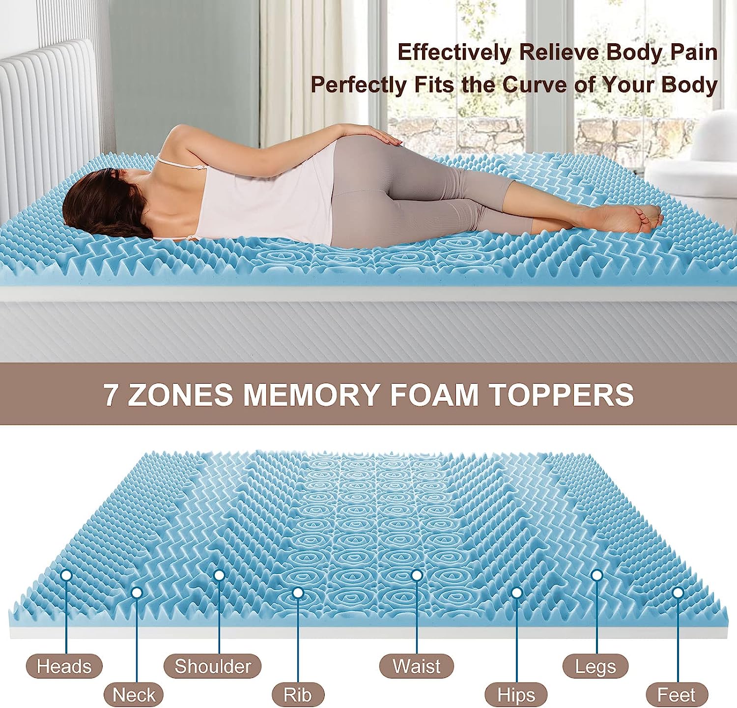 7-Zone Cooling Gel Memory Foam Mattress Topper, 8cm, Medium Firm