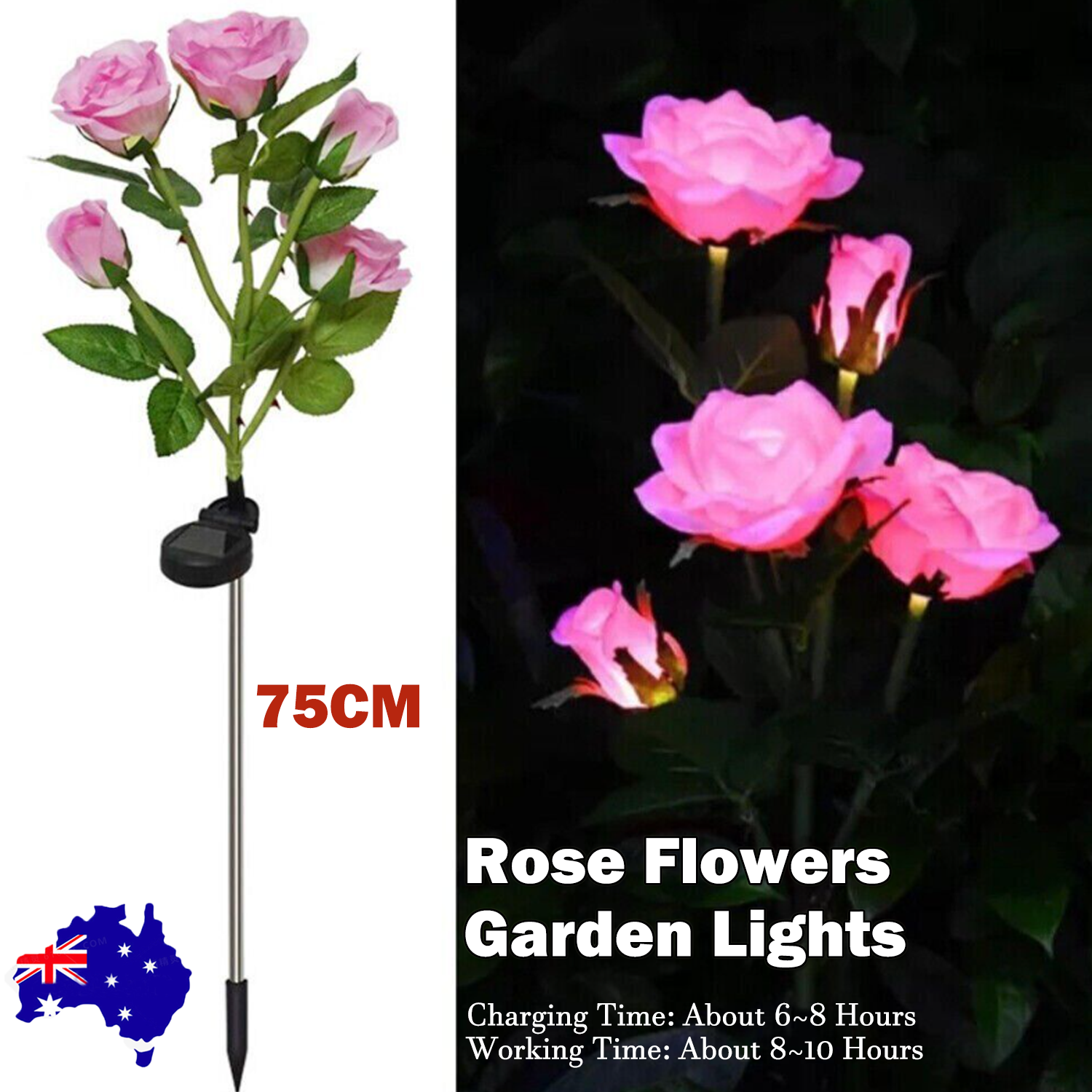 Waterproof Solar Garden Rose Lights, Brighter Petals, 75cm, 5 LEDs