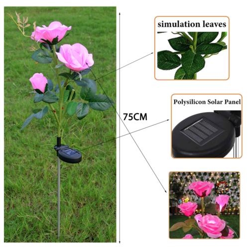 Waterproof Solar Garden Rose Lights, Brighter Petals, 75cm, 5 LEDs