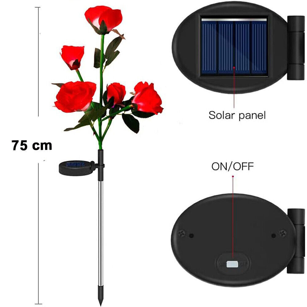 Brighter Waterproof Solar Garden Rose Lights, 5 Flowers, 75cm