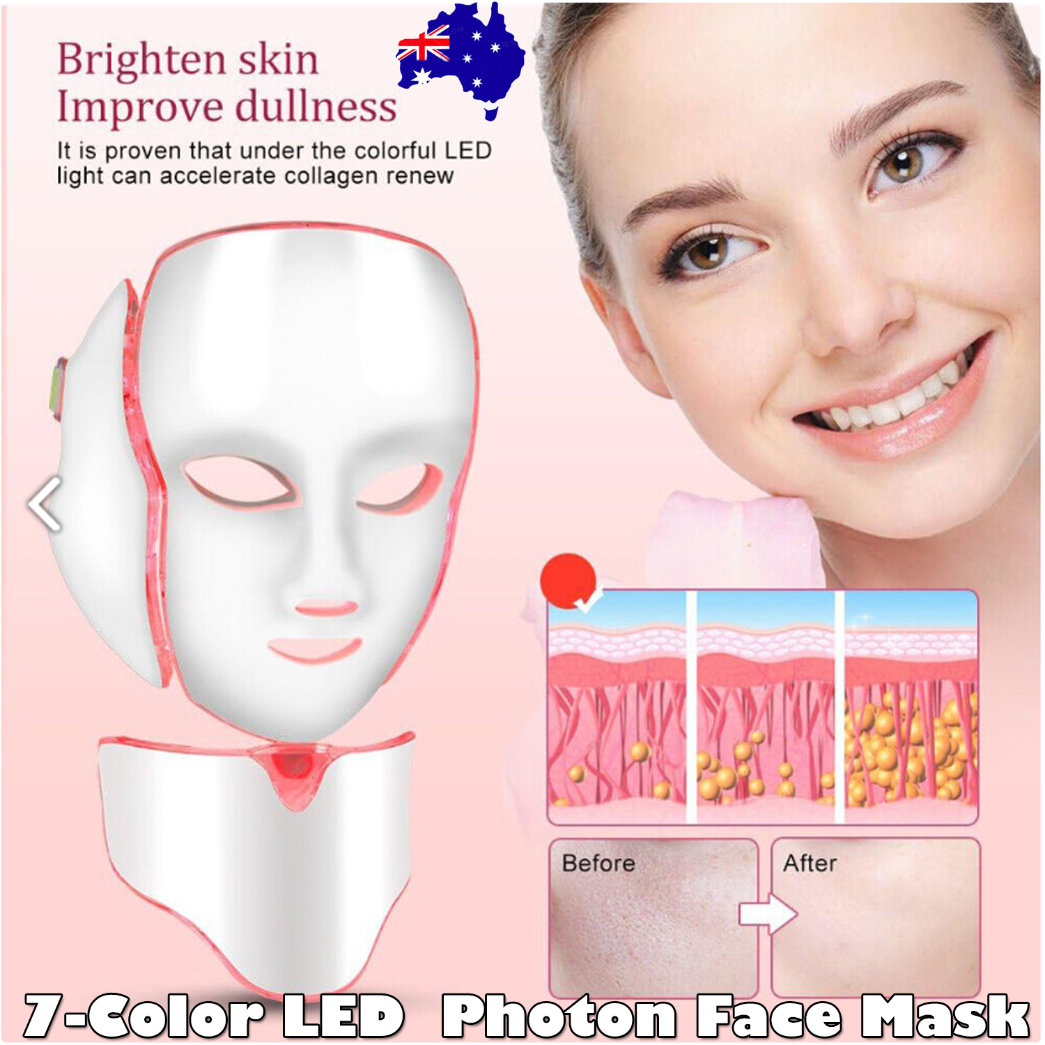 7-Color LED Face & Neck Mask, Anti-Wrinkle, ABS, 4 Modes