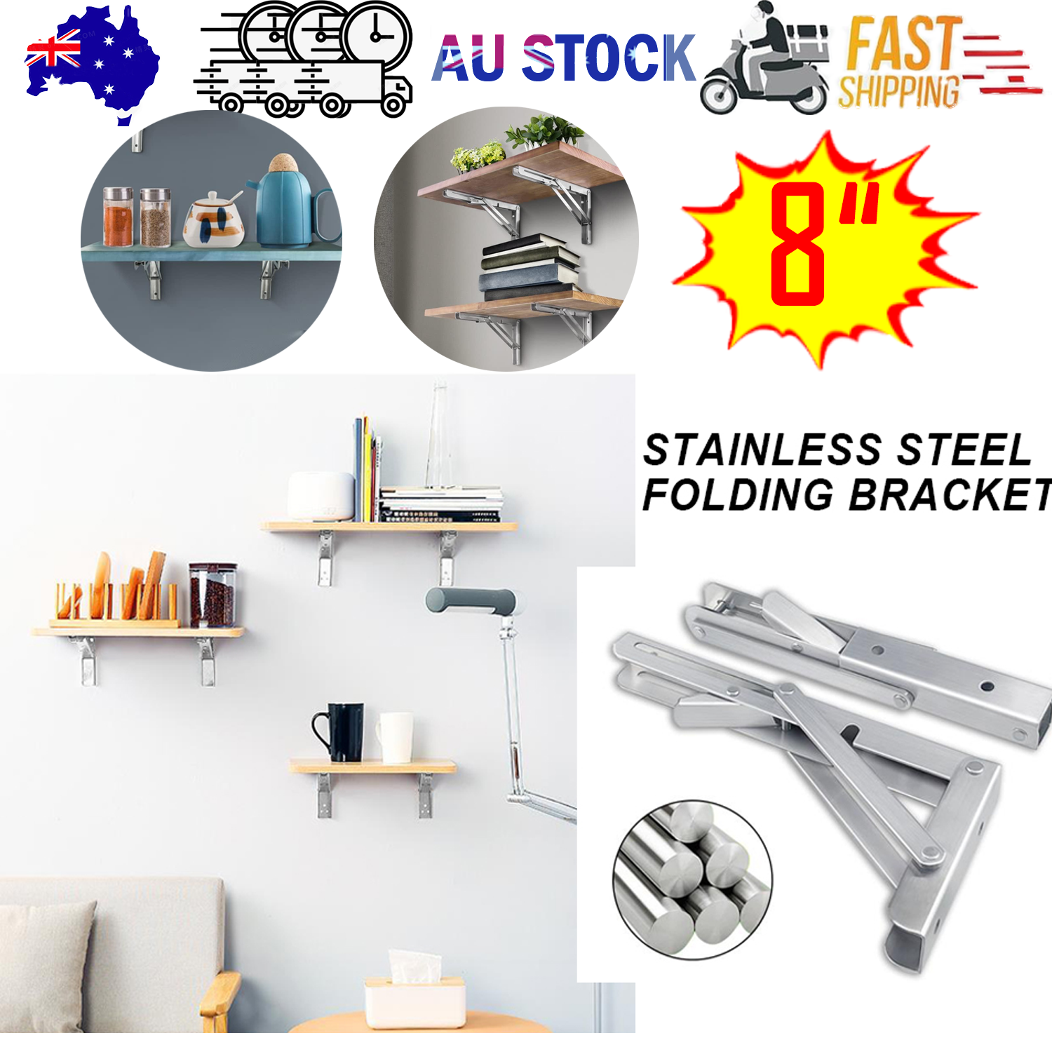 8"Stainless Steel Folding Table Bracket Shelf Bench 200kg Load Heavy Duty