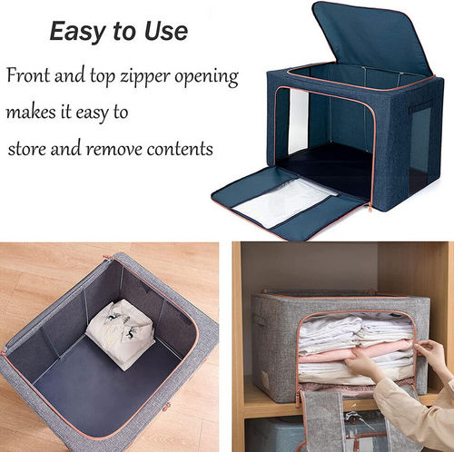 Foldable 24L Linen Storage Box, Steel Frame, 2 Windows