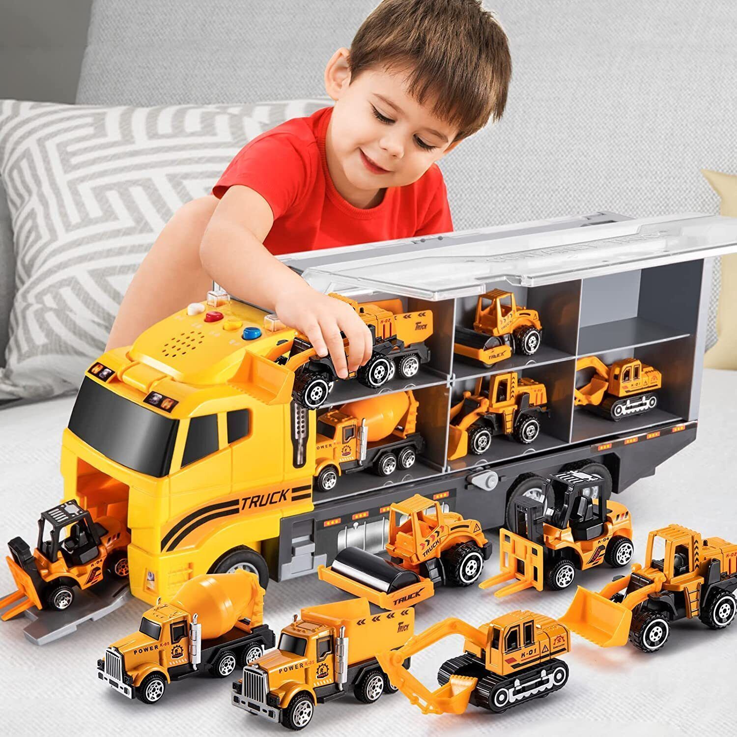 Die-Cast Toy Truck Carrier & 6 Mini Cars Set, Realistic Details