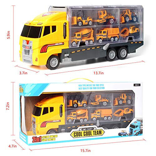 Die-Cast Toy Truck Carrier & 6 Mini Cars Set, Realistic Details