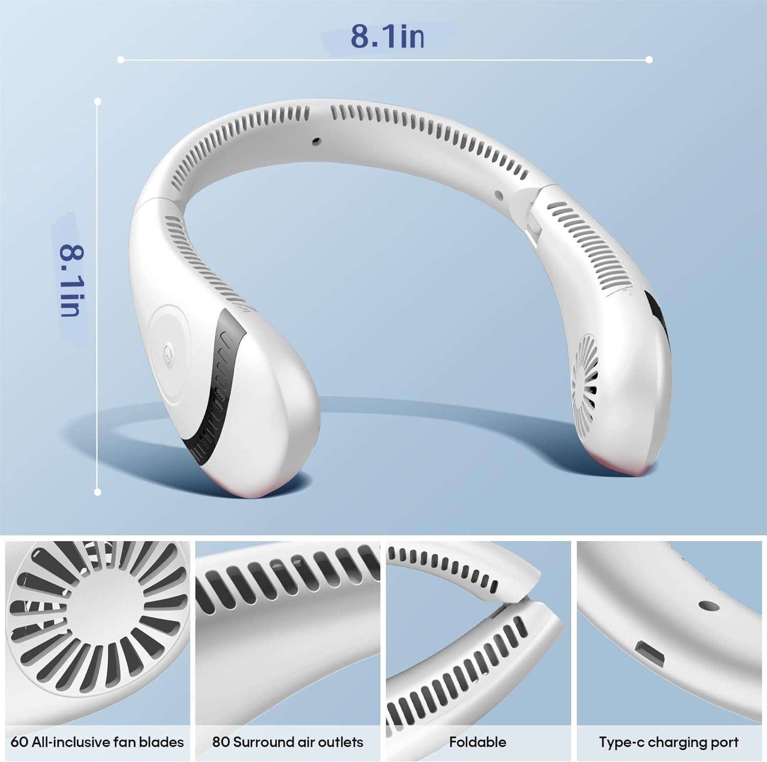 5000mAh Bladeless Foldable Quiet Neck Fan, 3 Speeds