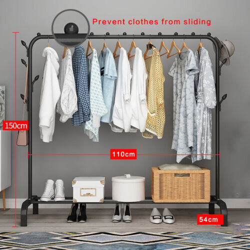 Heavy Duty Metal Clothes Rack with Shoe Shelf & Hooks