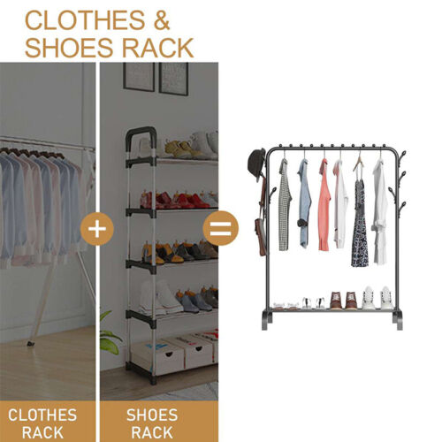 Heavy Duty Metal Clothes Rack with Shoe Shelf & Hooks