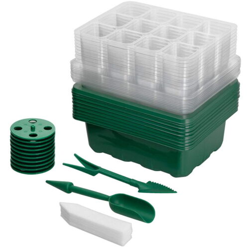 10 Set Green 12 Cell Seed Starter Trays with Tools and Labels