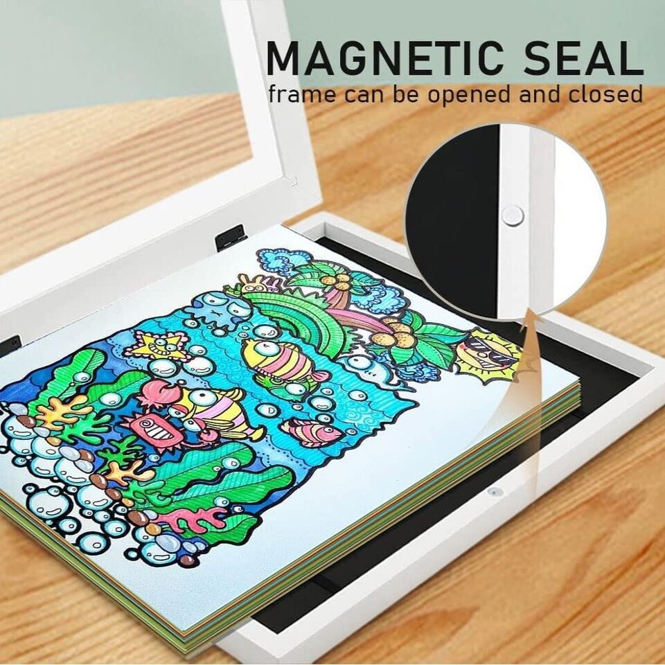 High Capacity Wooden Kids Art Frame, Holds 150 Drawings