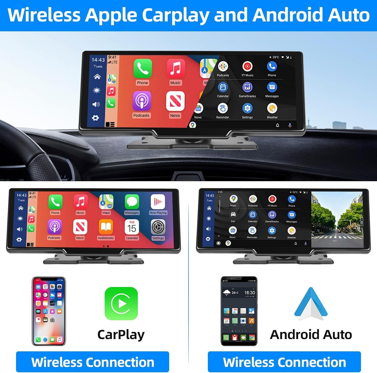 10.26" 4K Dash Cam Car Stereo For Apple Carplay & Android Auto GPS Rear Camera