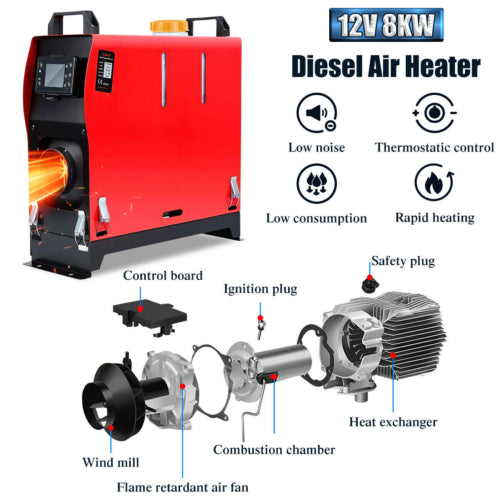 12V 5KW Diesel Air Heater, LCD Remote, Black+Red, All-in-one