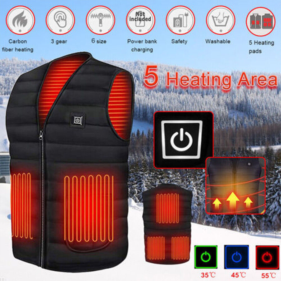 3XL Heated Electric Vest Poly Velvet USB Thermal Jacket Winter