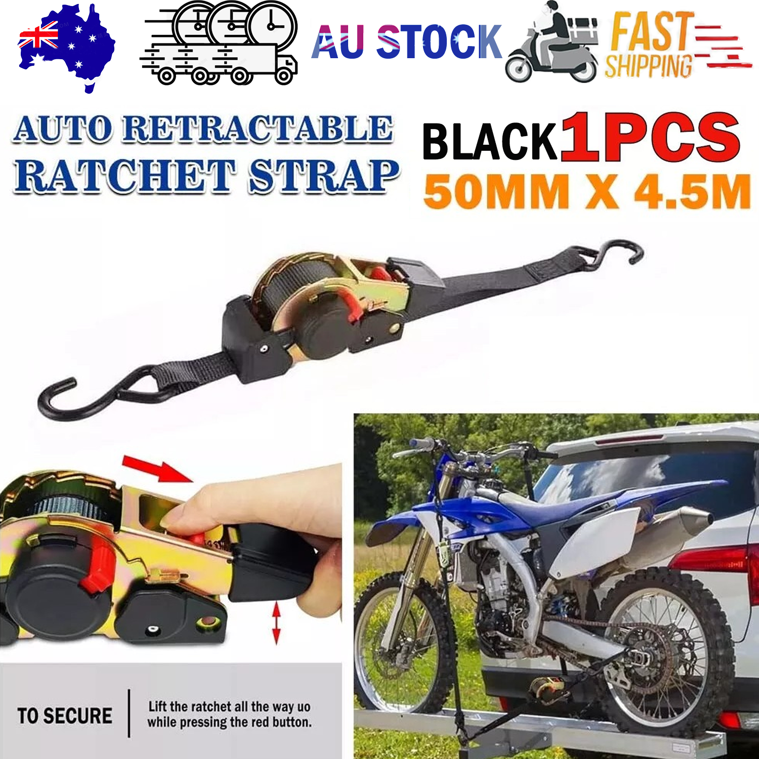 Quick Release Automatic Heavy Duty Retractable Ratchet Tie Down Strap black 50mm*4.5m