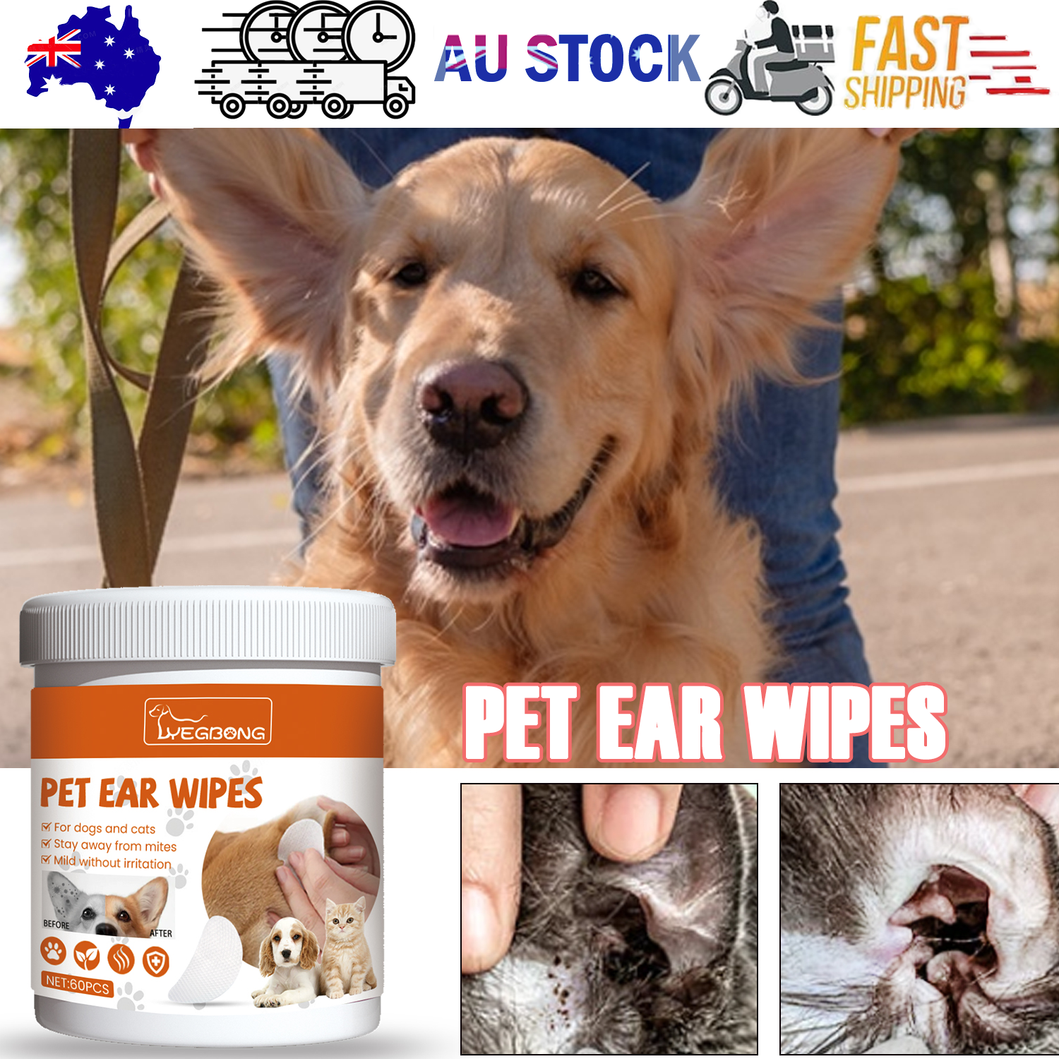 Yegbong Pet Ear Wipes, Pet Ear Cleaning Deodorizing Removing Mite And Earwax Cleaning Wipes