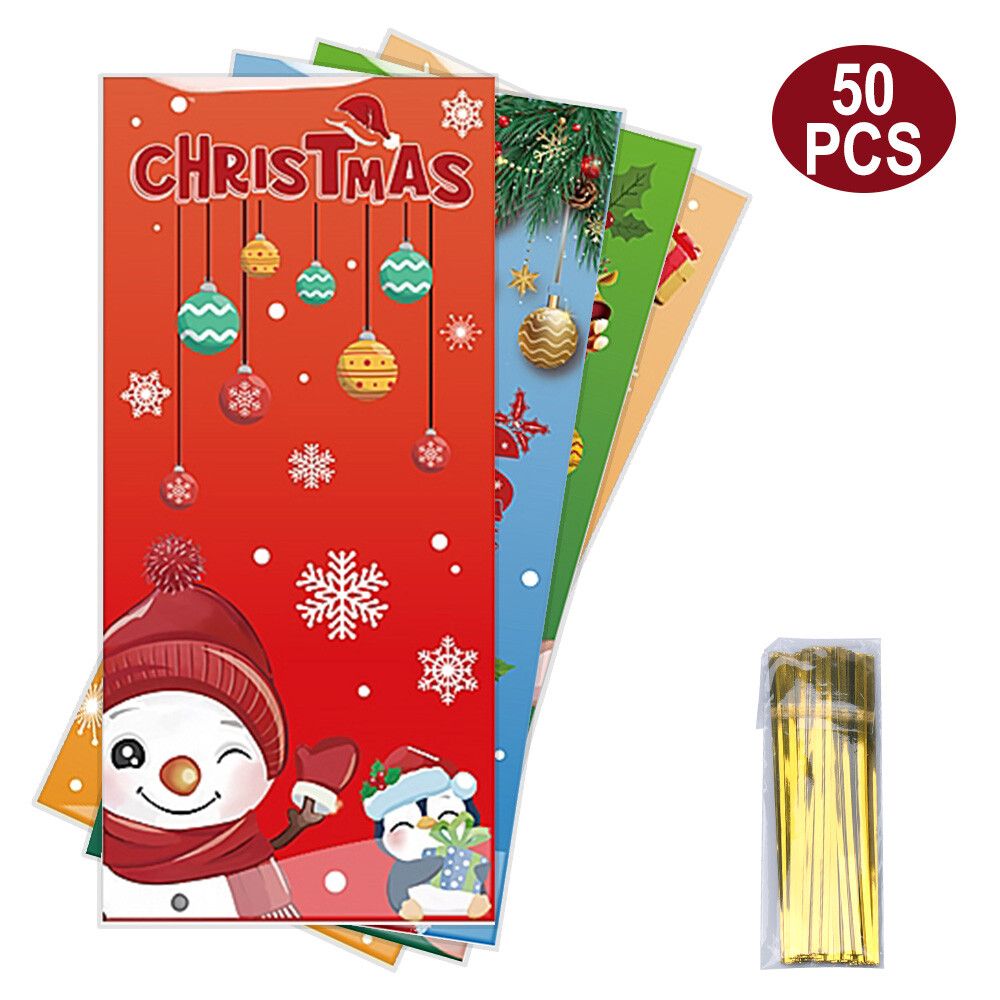 50 PCS Christmas Gift Bags with Assorted Christmas Prints for Xmas Gift Bags