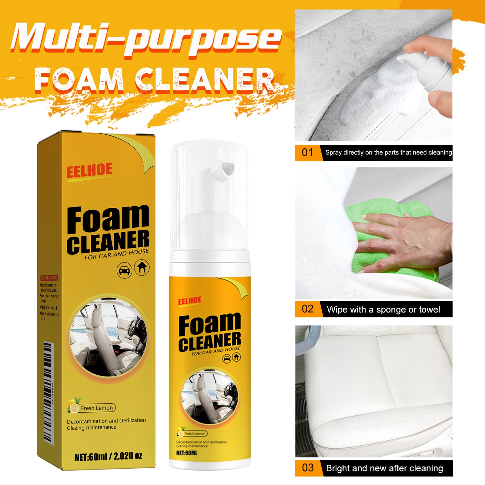 Foam Cleaner, Leather Seat Supplies Decontamination Multi-Functional Interior Cleaner