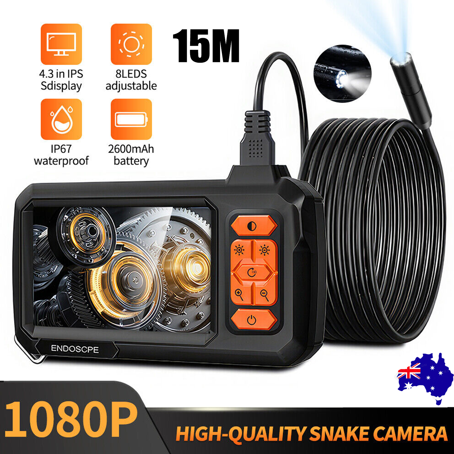 4.3" Screen Industrial Endoscope 8mm Borescope Inspection 1080P HD Camera 15M