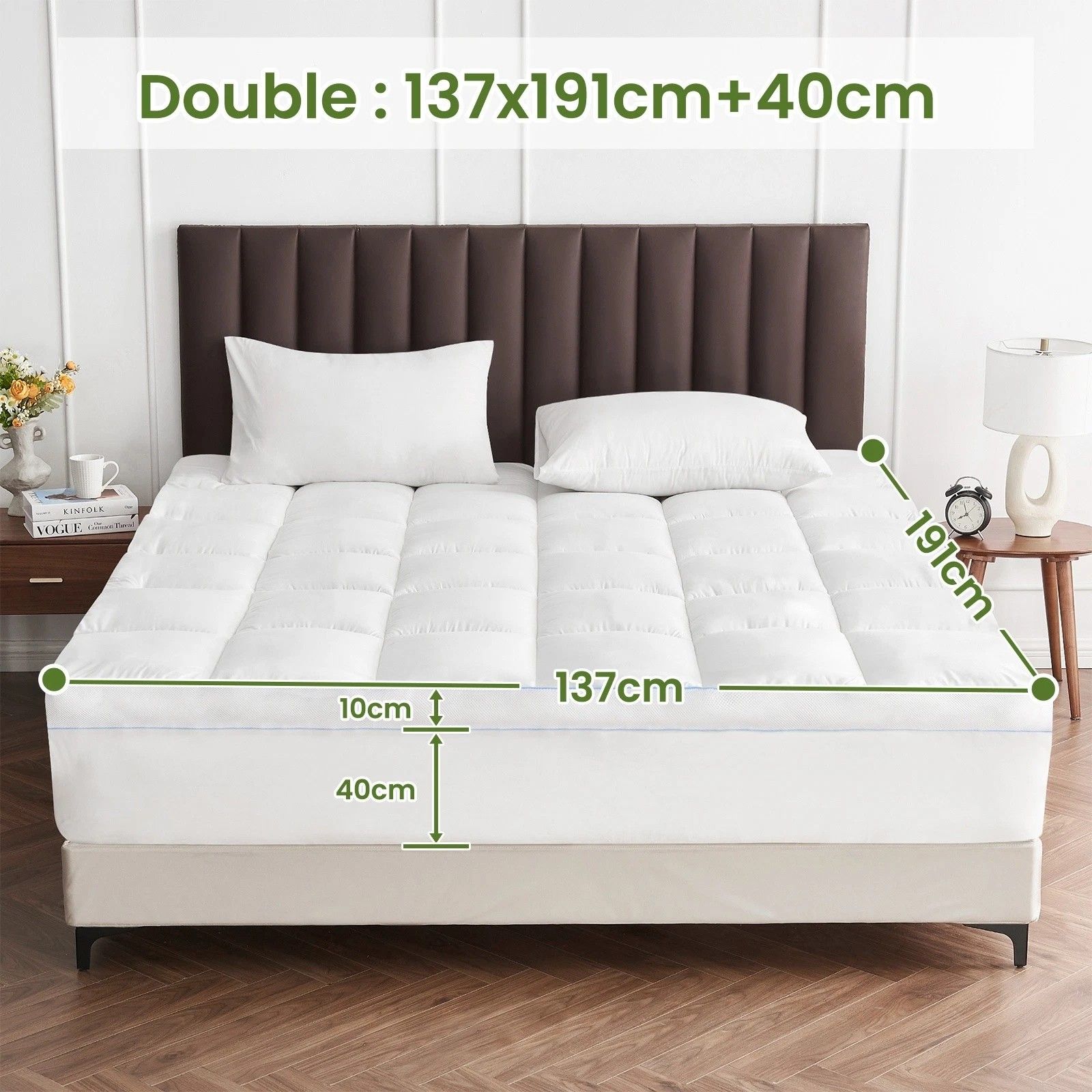 1500GSM Bamboo Mattress Topper Extra Thick 10CM Bed Topper Double: 137 x 191 + 40 cm