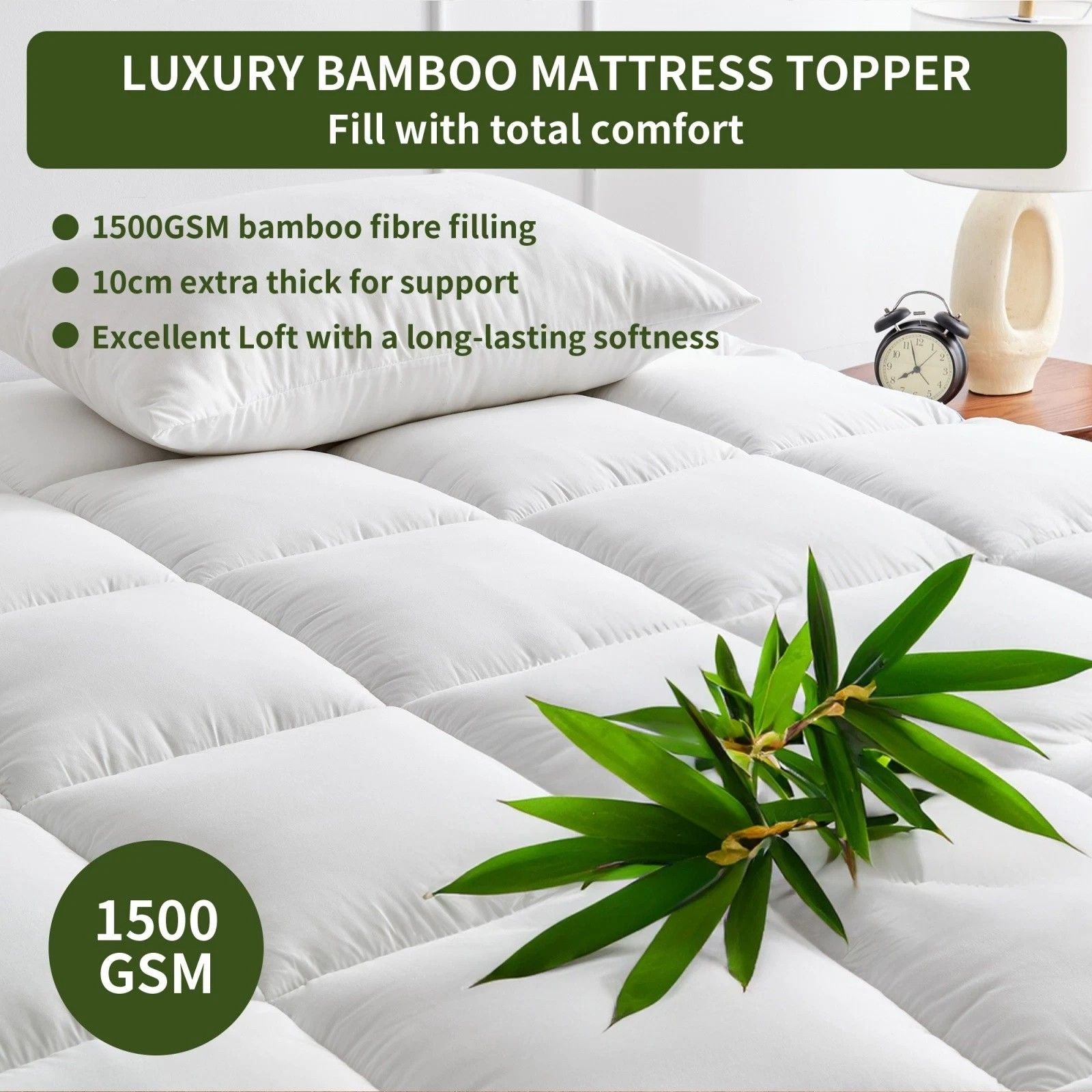 1500GSM Bamboo Mattress Topper Extra Thick 10CM Bed Topper Double: 137 x 191 + 40 cm