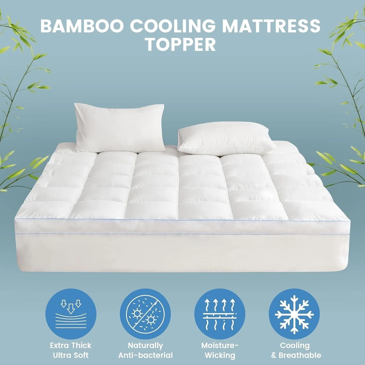 1500GSM Bamboo Mattress Topper Extra Thick 10CM Bed Topper Double: 137 x 191 + 40 cm