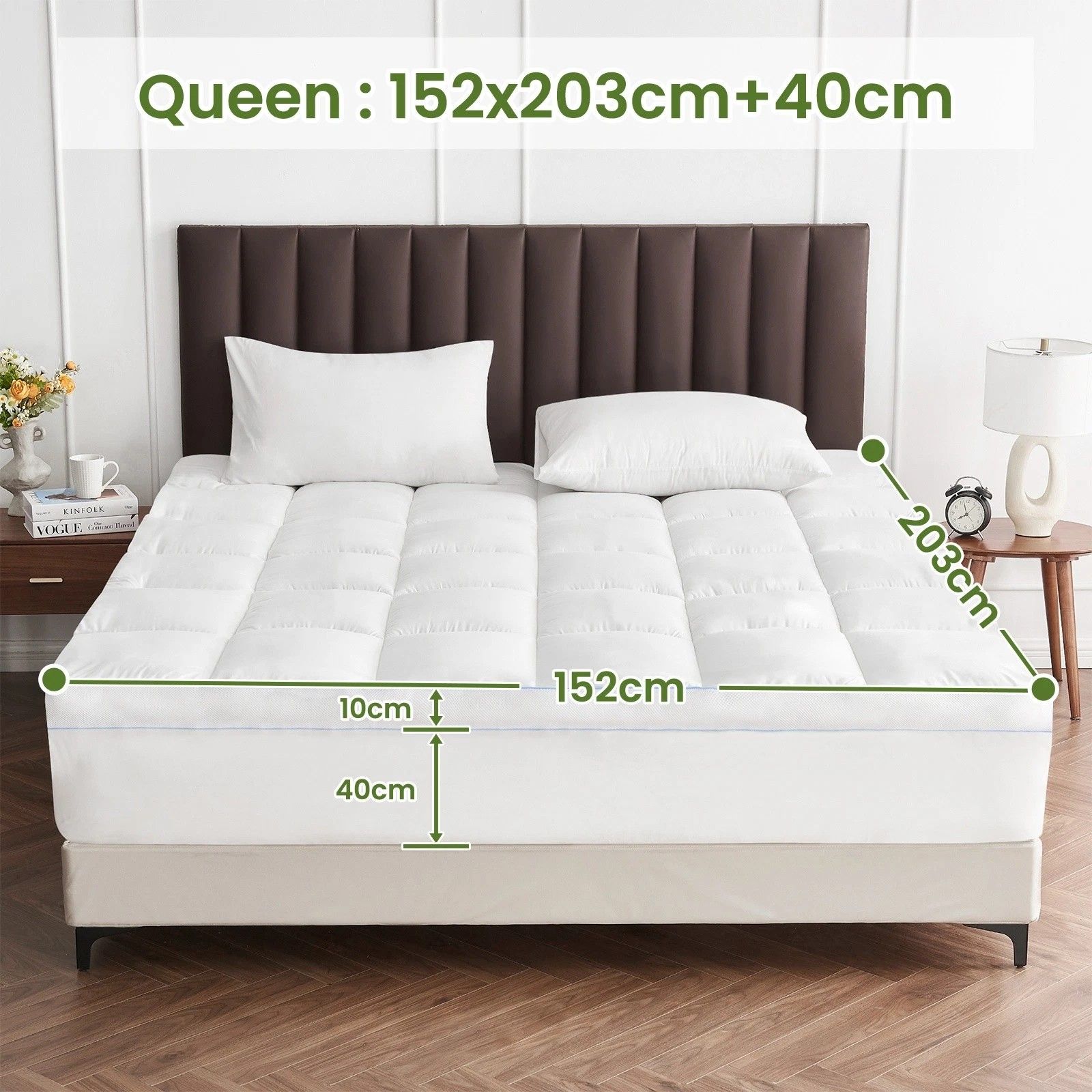 1500GSM Bamboo Mattress Topper Extra Thick 10CM Bed Topper Queen: 152 x 203 + 40 cm