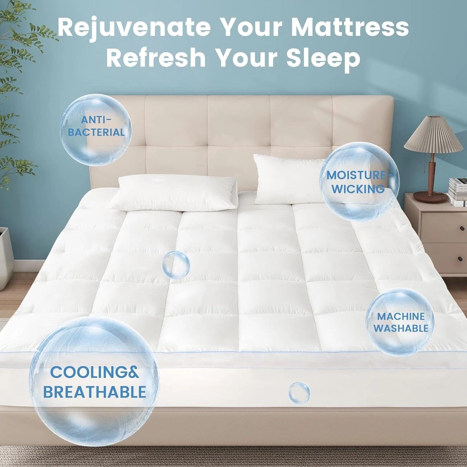 1500GSM Bamboo Mattress Topper Extra Thick 10CM Bed Topper Queen: 152 x 203 + 40 cm