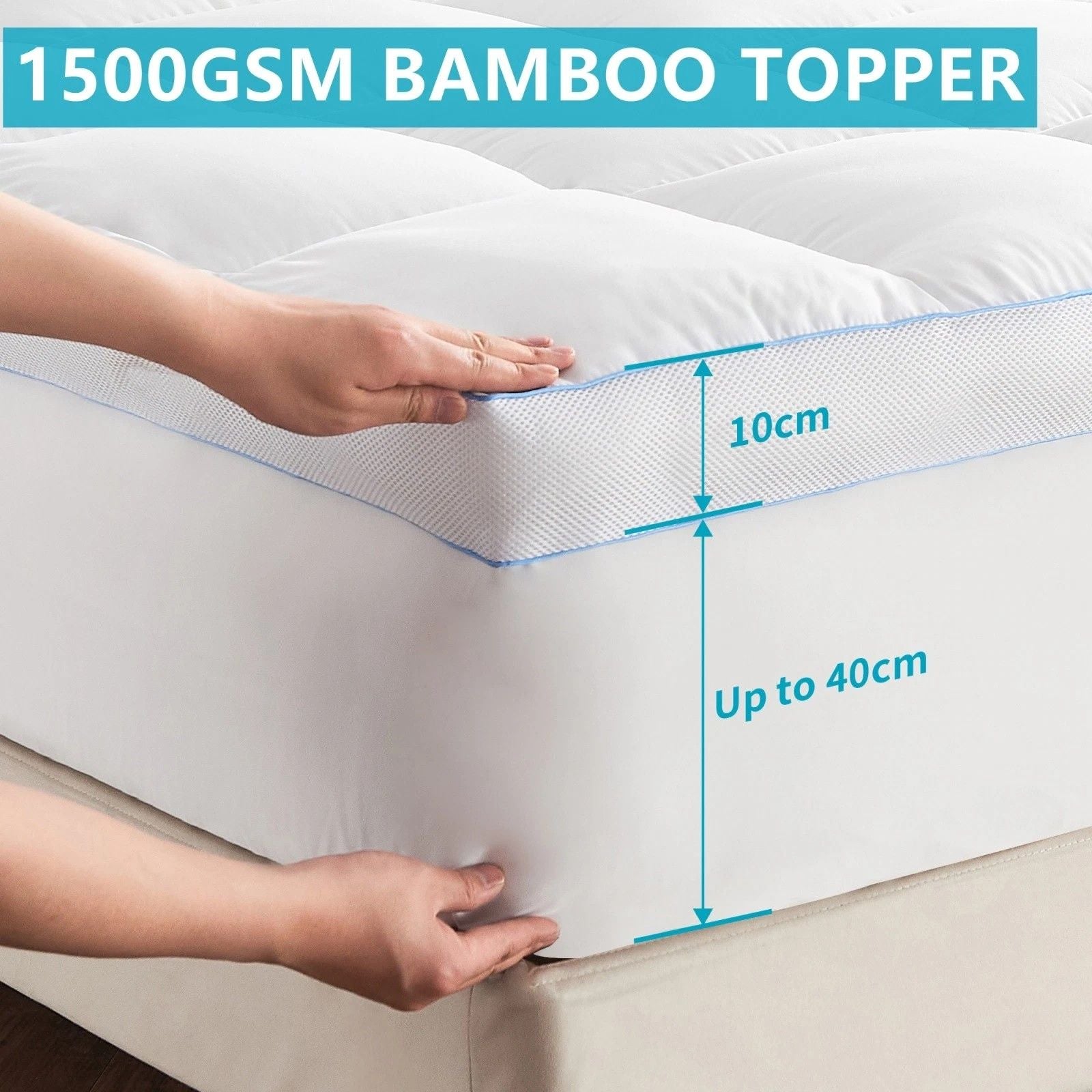 1500GSM Bamboo Mattress Topper Extra Thick 10CM Bed Topper King: 180 x 203 + 40 cm