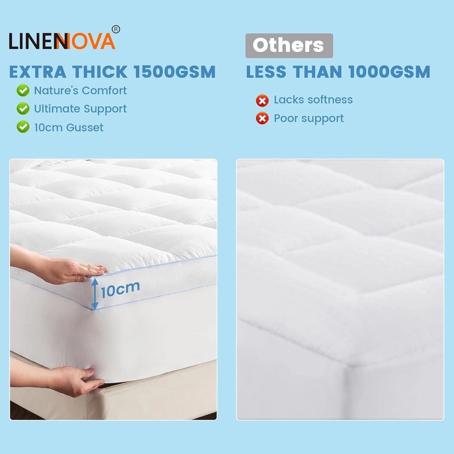 1500GSM Bamboo Mattress Topper Extra Thick 10CM Bed Topper super King: 203 x 203 + 40 cm