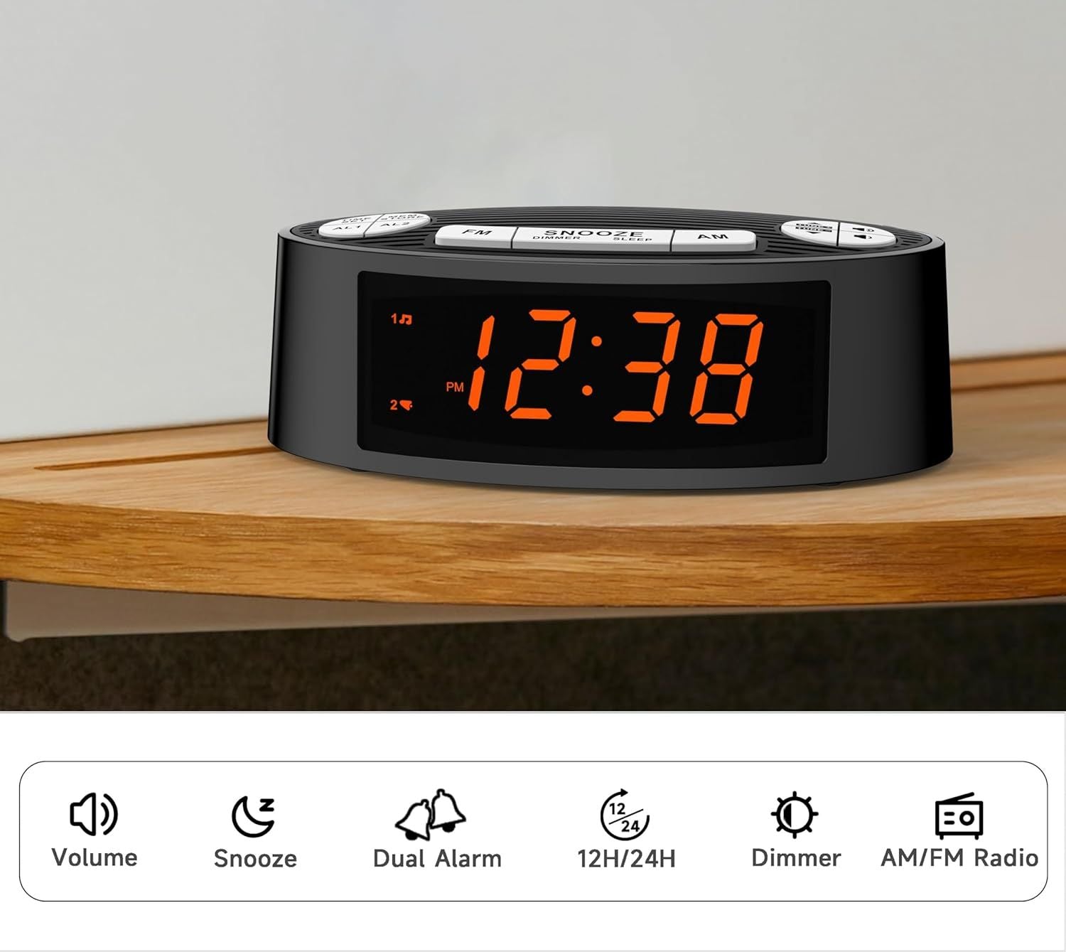 AM/FM Alarm Clock Radio with Dual Alarm, Sleep Timer & Snooze Functions, Orange LED Display, 4-Level Dimming Option