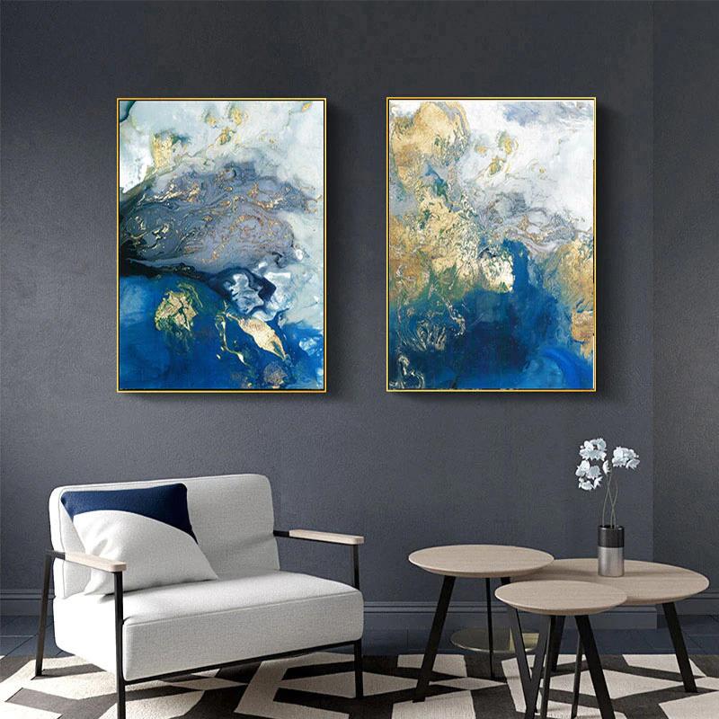 Wall Art 40cmx60cm Marbled Blue And Gold 2 Sets Gold Frame Canvas