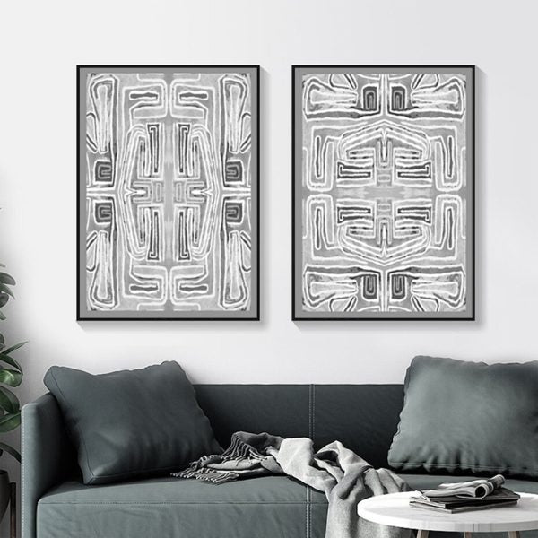 Wall Art 100cmx150cm Black White Pattern 2 Sets Black Frame Canvas