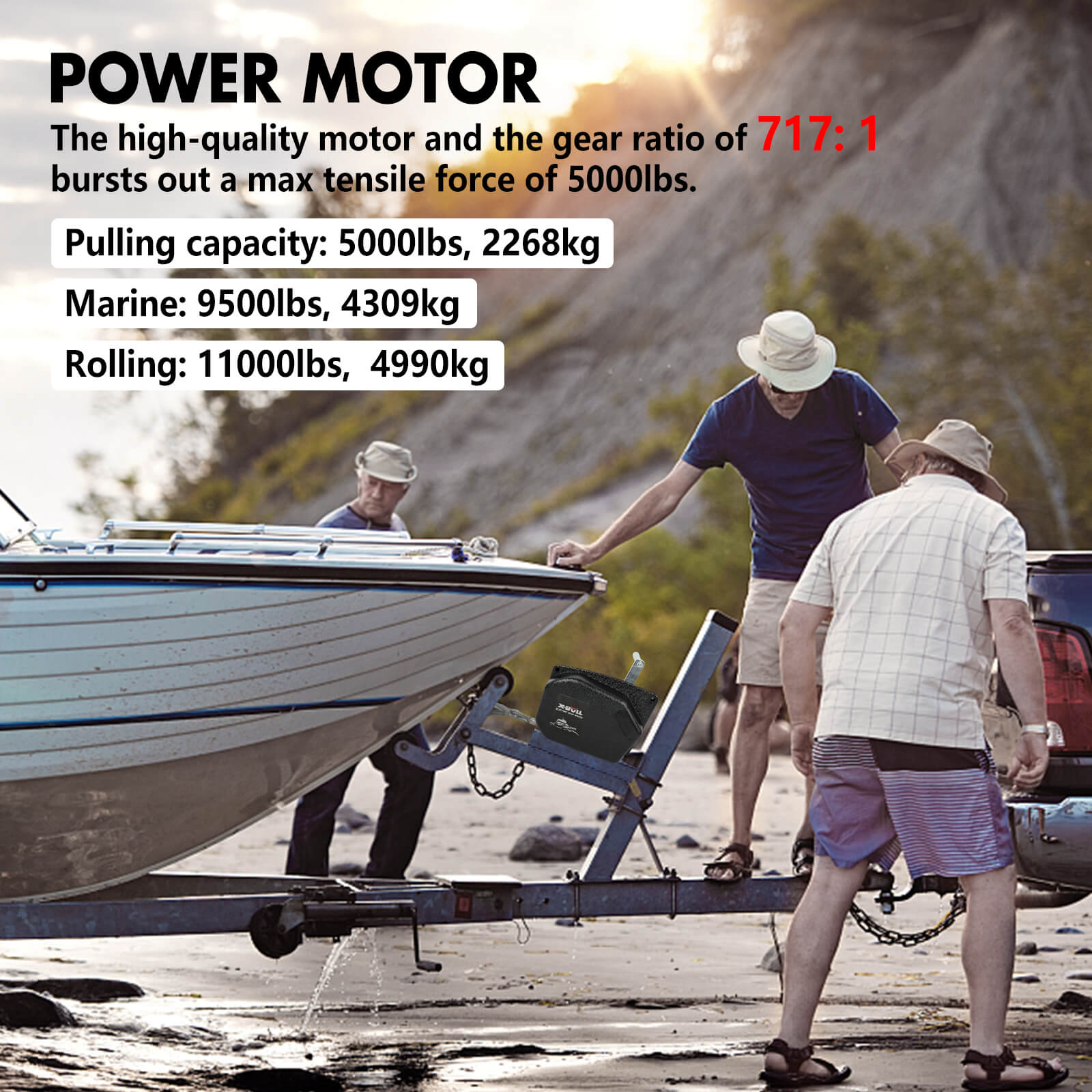 5000LBS Portable Electric Boat Winch, IP66 Waterproof, X-BULL