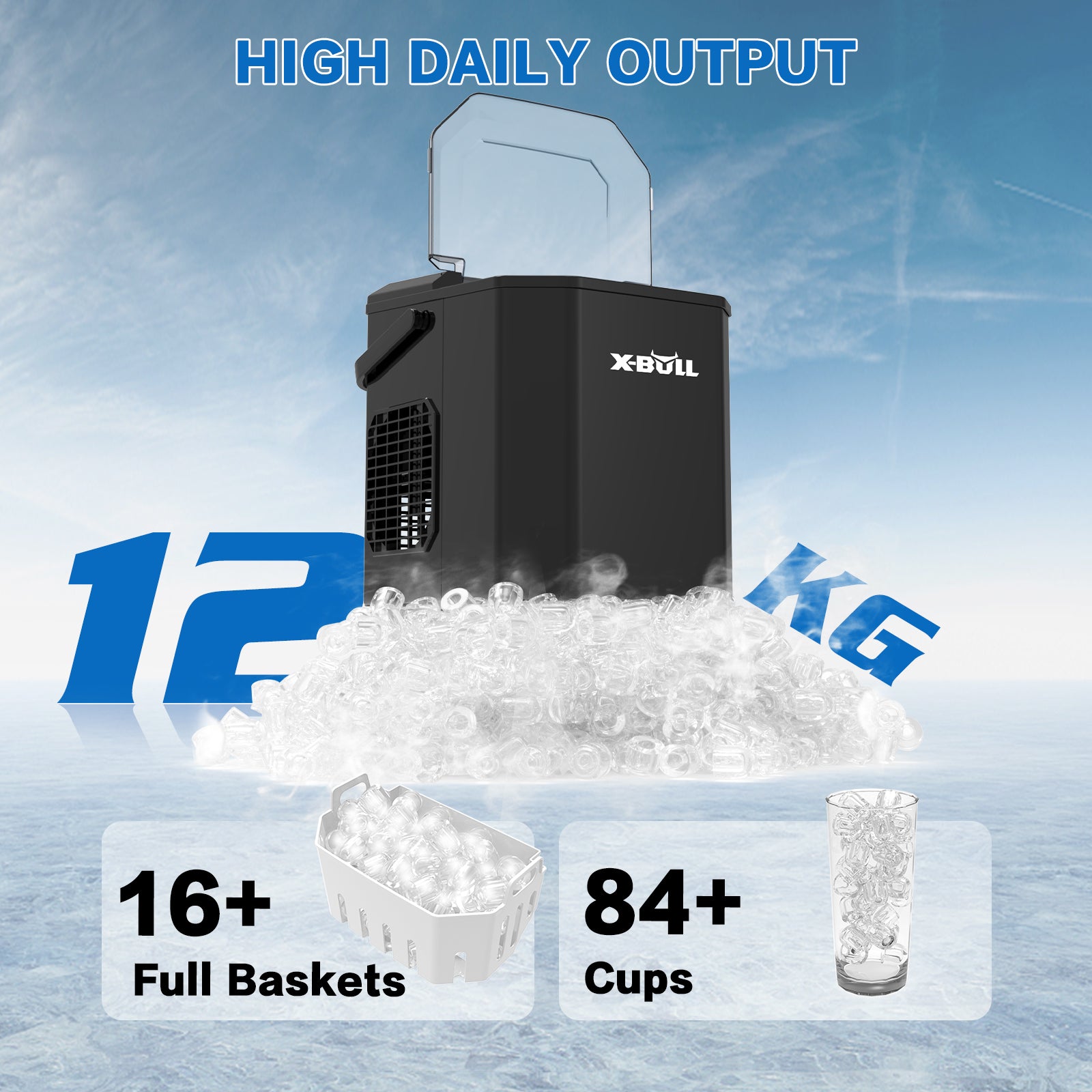 High-Capacity Portable Ice Maker, 12kg/24Hr, 2 Sizes, X-BULL