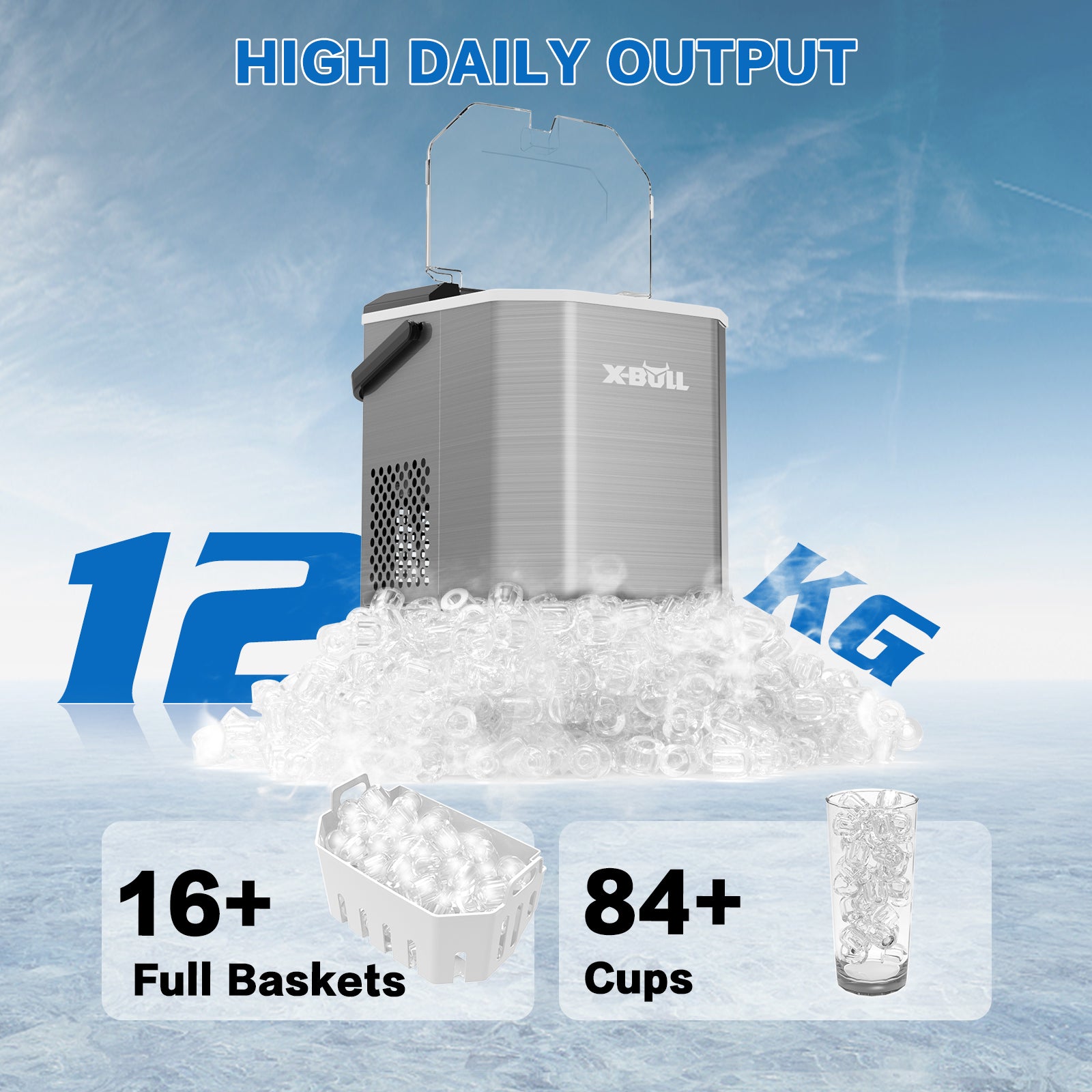 Quiet 2.2L Portable Ice Maker with Alarms, 12kg Daily Capacity - X-BULL