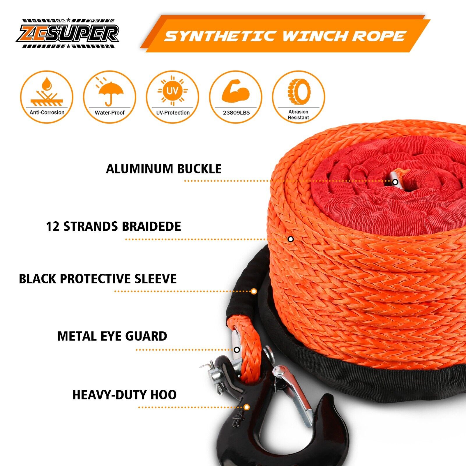 High-Strength Synthetic Winch Rope 9.5MM X 30M Hook