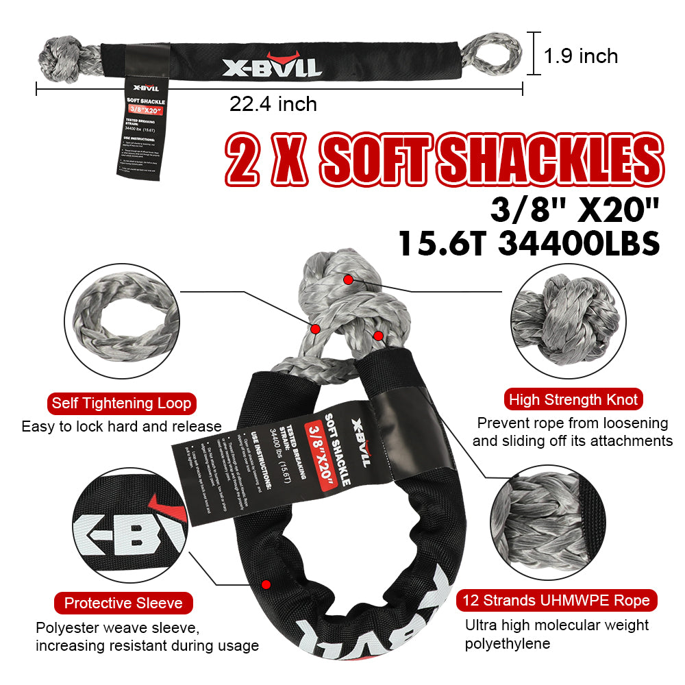 High-Strength Recovery Rope Kit, Soft Shackles, Snatch Strap - X-BULL