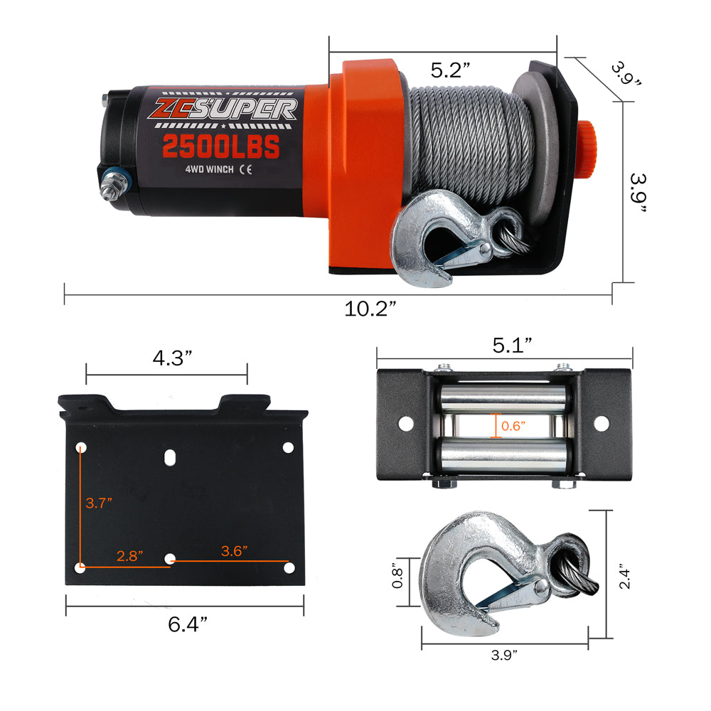 High Power Electric Winch, 2500LB Steel Cable, ZESUPER