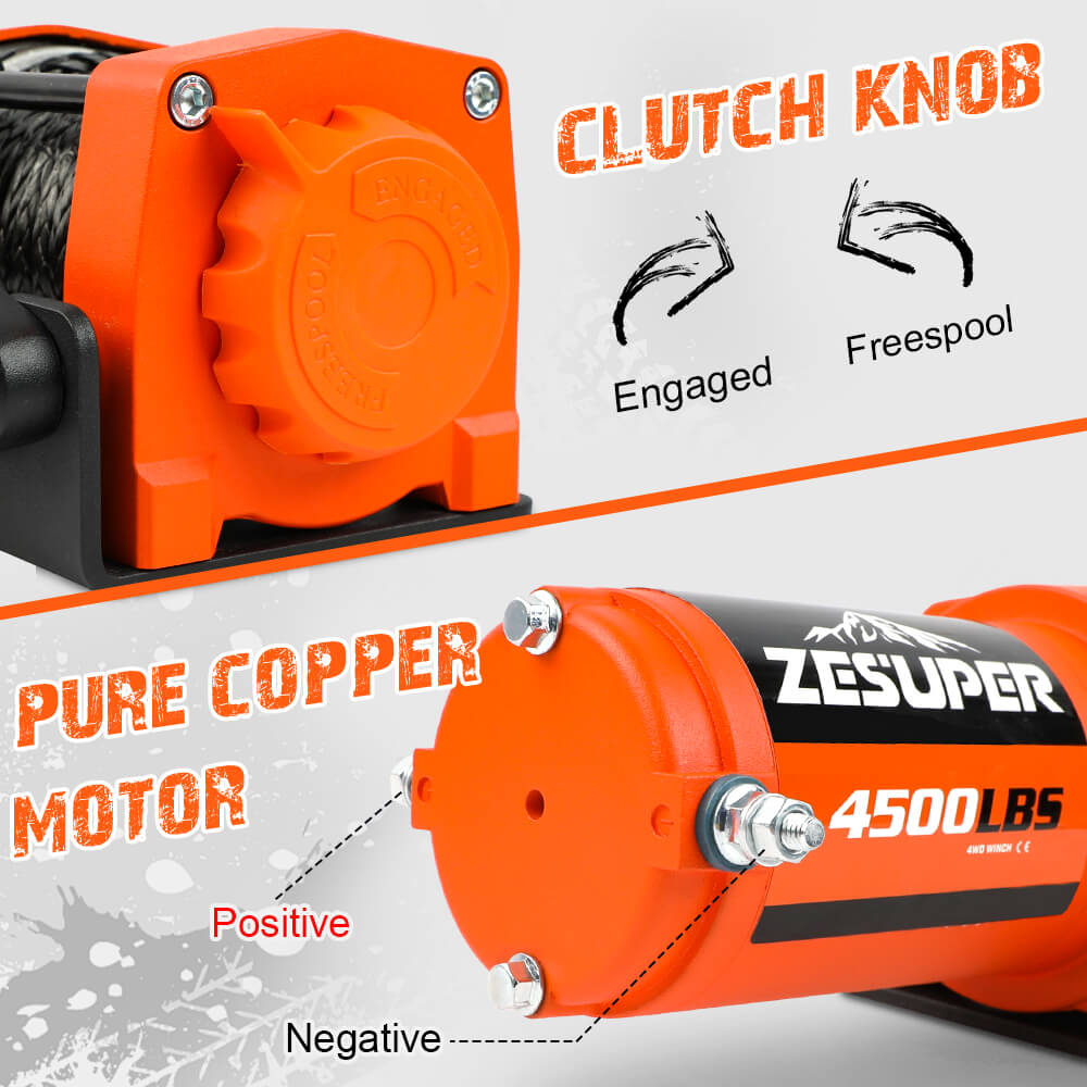 4500lb 12V Electric Winch, Synthetic Rope, 3-Stage Planetary - ZESUPER